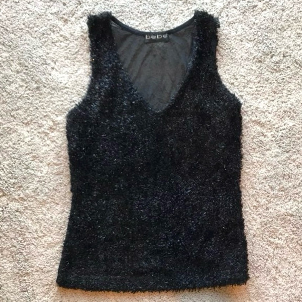 Bebe black fuzzy moda crop tank top XS